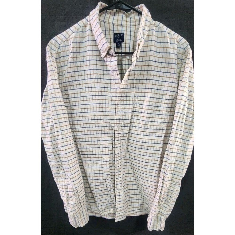J. Crew Cream Plaid Flex Oxford Shirt Button Up Casual Mens Large‎ EUC